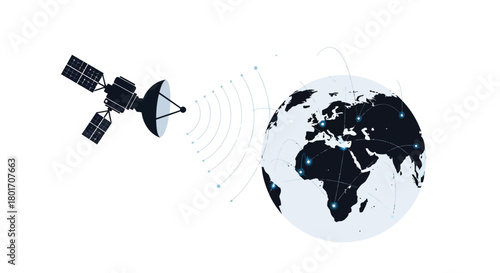 Modern satellite transmitting data signals to a stylized planet earth on a white background