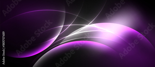Abstract purple waves, light flares, dark background. Smooth curves create dynamic visual effect. Modern design element.