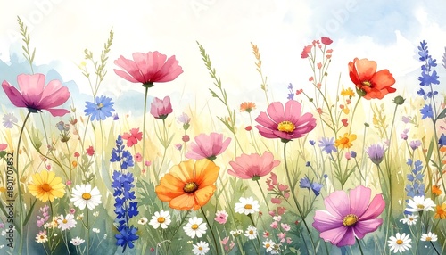 Wallpaper Mural Watercolor Meadow - A Vibrant Tapestry of Wildflowers in Bloom. Torontodigital.ca