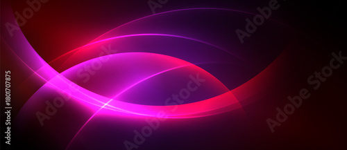 Abstract design features vibrant curves, glowing lines. Pink, purple hues dominate dark background. Modern, dynamic composition.