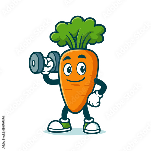 Cartoon carrot mascot lifting weights smiling