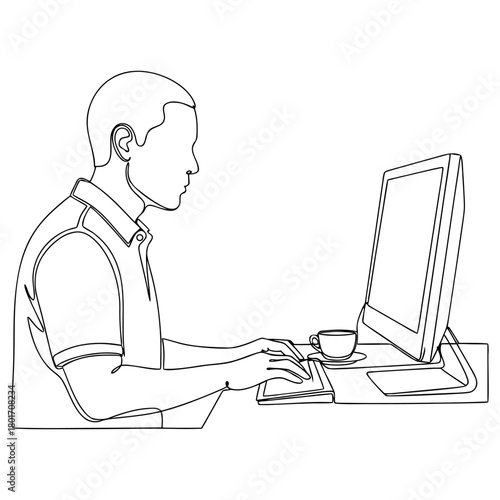 Focused individual working on a computer, a dynamic continuous line drawing for modern work and technology concepts