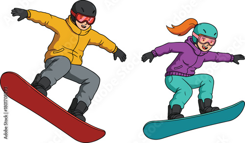 Dynamic snowboarding vector illustration of two athletes performing aerial tricks in colorful winter gear, extreme sports action, outdoor adventure lifestyle design