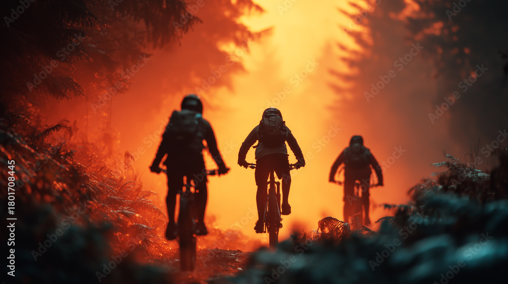 Fototapeta premium Three cyclists ride along a forest trail illuminated by fiery orange glow from mist and sunset. 