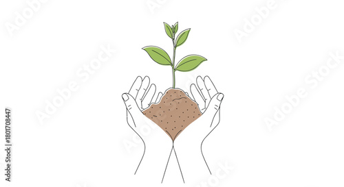 Delicate wireframe hands gently cradling a small green seedling emerging from fertile soil