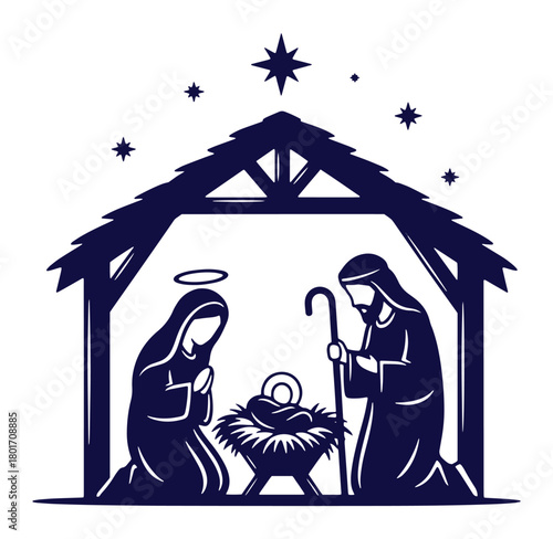 Traditional christmas nativity scene depicting mary joseph and baby jesus in a stable