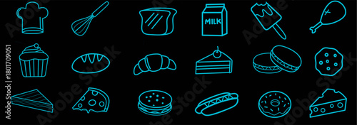 Neon blue food icon set on dark background featuring snacks, desserts, bakery items, and drinks for menus, posters, and modern digital designs.

