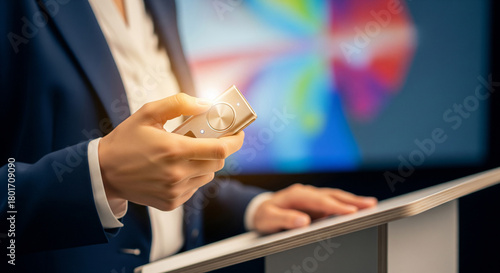 Woman's hand operating a clicker (remote control) on a podium during a presentation