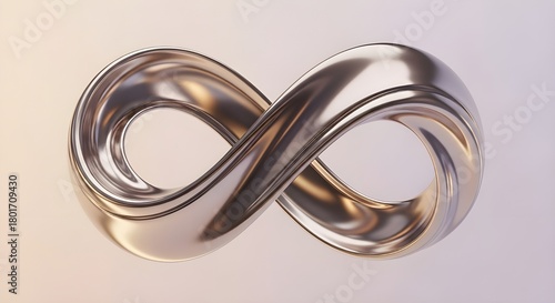 Flowing ribbons of reflective liquid metal twisting into a smooth infinity loop shape, floating against a muted pastel gradient background, soft studio lighting, perfect symmetry, high-end luxury 