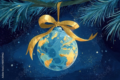 A beautiful watercolor painting of earth as a christmas ornament hanging from a pine tree branch with a golden ribbon