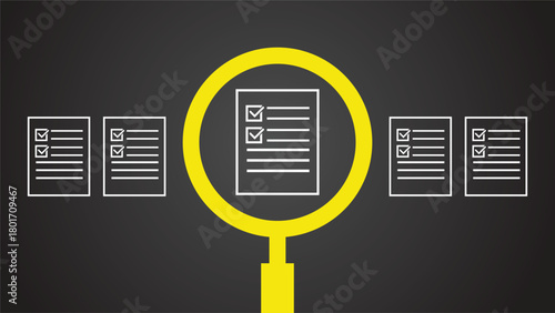Illustration of a magnifying glass focusing on a checklist surrounded by other documents.