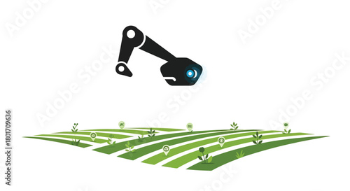 Futuristic robotic arm hovering over a green agricultural field with rows of crops and small trees