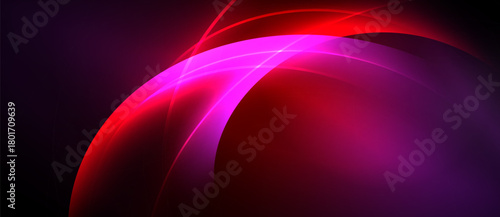 Abstract design features vibrant curves, glowing lines. Dark background emphasizes bright magenta, crimson hues. Modern, dynamic composition.