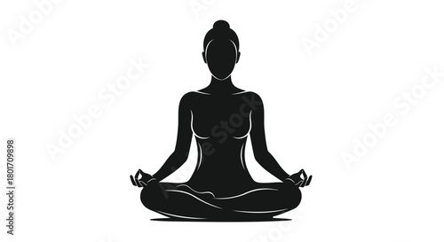 Silhouette of a woman meditating in a peaceful lotus pose with hands in mudra on a white background