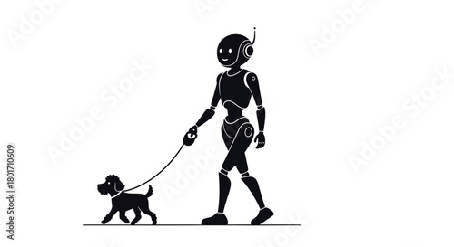 Silhouette of a futuristic robot walking a small dog on a leash against a white background