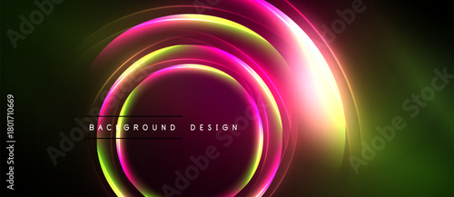 Abstract neon circles overlap, creating vibrant light effects. Dark background emphasizes glowing colors, modern design element.