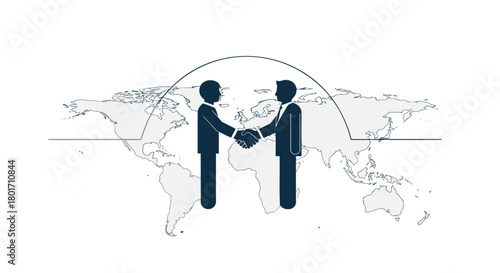 Two business people shaking hands over a world map symbolizing global business partnership and international cooperation