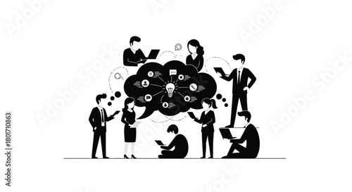 Diverse group of business professionals collaborating and communicating ideas in a modern office setting