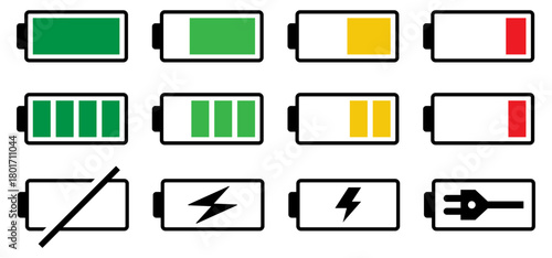 Battery icon set in black and colours. Colourful style vector icons. Battery charge indicator. Battery level, energy, full. Power low up status batteries logo. vector icons.