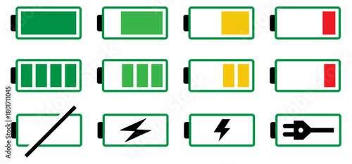 Battery icon set in black and colours. Colourful style vector icons. Battery charge indicator. Battery level, energy, full. Power low up status batteries logo. vector icons.