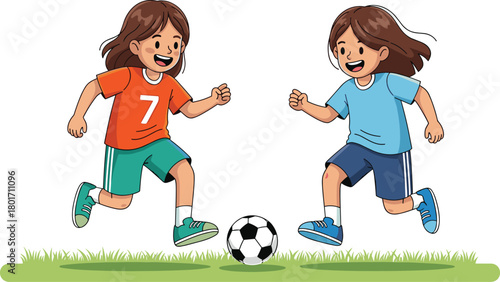 Energetic children playing soccer outdoors on grassy field, teamwork, healthy exercise, smiling kids enjoying fun sports activity, colorful vector illustration