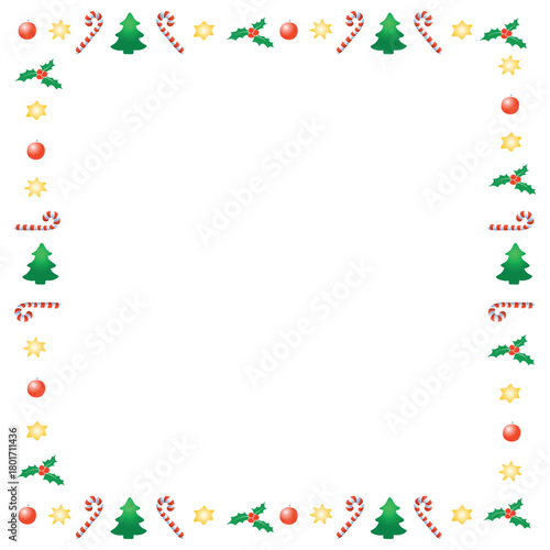 Vector frame of candy canes, stars, Christmas trees, holly berries. New year Xmas background, border for winter holidays decor, greeting cards