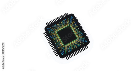 Close up of a complex computer processor chip with intricate glowing circuits and pins on a white background