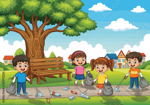 Four cartoon children cleaning litter in park, eco-friendly kids activity vector illustration, cheerful teamwork artwork, environmental awareness design, outdoor community background