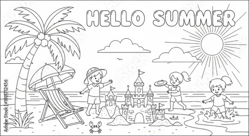 Wallpaper Mural Charming summer beach scene with kids playing and sandcastle construction fun Torontodigital.ca