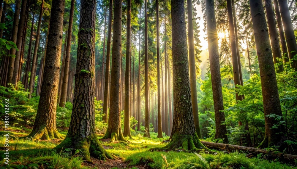 Obraz premium A sun-dappled forest floor with tall, mossy trees and vibrant green foliage.