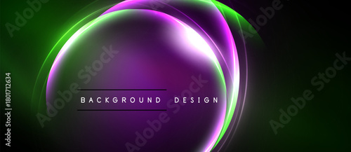 Abstract neon lights form circular shapes. Vibrant purple, green hues blend into dark background. Text reads background design.