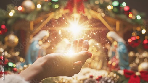 Hand catches light before blurred nativity scene adorned with Christmas decorations and soft focus festive backdrop