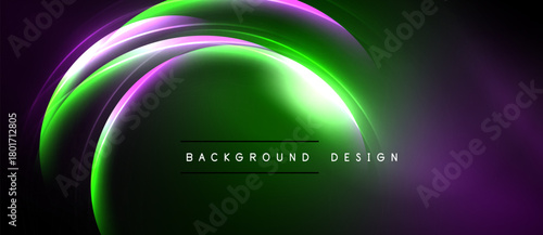 Abstract neon curves create vibrant background. Green, purple, white glow radiates from center. Modern design element.