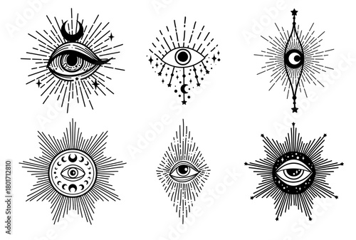 Evil eye set. Eye of Providence. Lineart Vector illustration. Magic celestial witchcraft symbol. Masonic symbol. Hand drawn logo or emblem