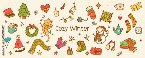 Winter Banner doodle set. Warm clothes, drinks, books, gifts, candles, mittens, socks, snowflakes and others. Cute line art vector. on white background Christmas mood