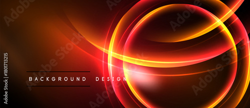 Dynamic abstract lines, vibrant orange, red hues. Circular shapes create modern design, glowing effect. Background suggests energy, motion.
