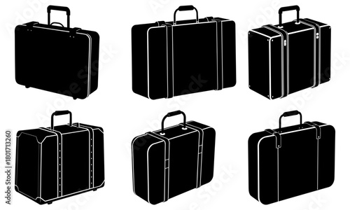 Collection of six black and white vintage suitcases with handles in varying perspectives and styles