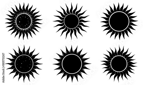 Collection of six sun illustrations with varying inner designs and outer ray styles in black and white