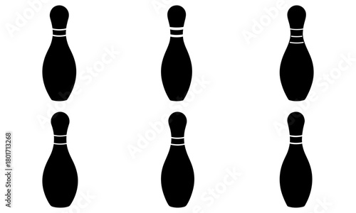 Illustration of six bowling pins arranged in two rows on a white background in a simple vector style