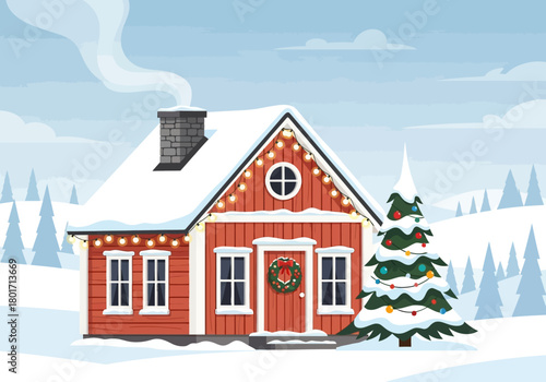 A red house in winter scenery with a decorated Christmas tree smoke from chimney lights and wreath