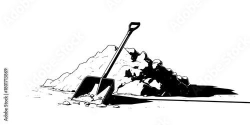 Silhouette Winter's Arrival: Shovel Snowflakes Black White | Clean, isolated vector art for creative projects.