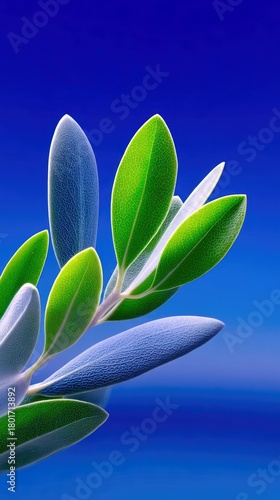 A close-up shot of a branch with vibrant green and blue-toned leaves against a solid deep blue background.