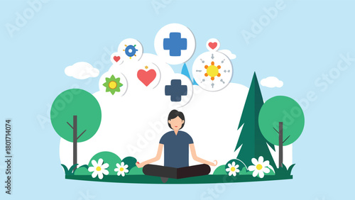 Abstract illustration of a person meditating peacefully in a serene natural landscape evoking tranquility and mindfulness with vibrant colors and organic shapes