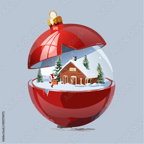 3D render of shiny red bauble broken open revealing tiny Christmas scene inside, cinematic lighting.