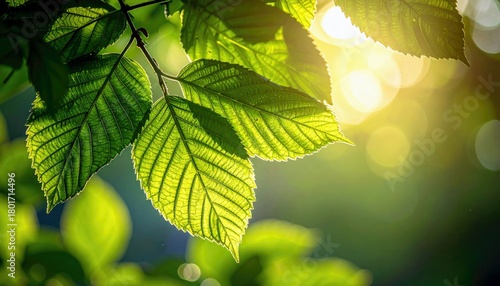 Sunlight filtering through lush green leaves, highlighting their intricate veins and creating a beautiful bokeh effect.