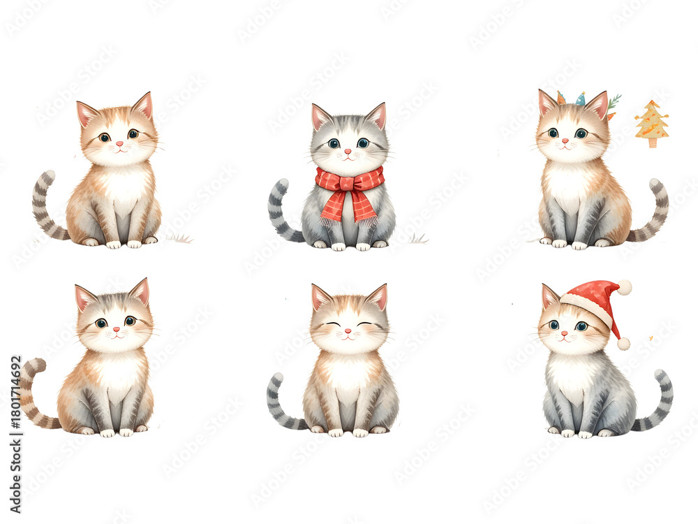 Fototapeta premium Collection of a Cute group of playful domestic cats and kittens posing together icon on a white background
