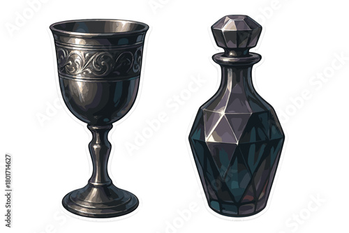 Ornate silver goblet and dark faceted glass decanter set for historical or fantasy design
