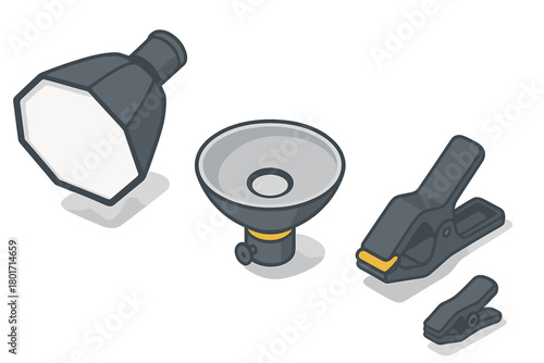 Professional photography studio lighting equipment and accessories in isometric view