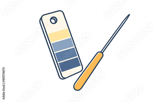 Color swatch palette card showing blue and yellow shades next to a precision tool