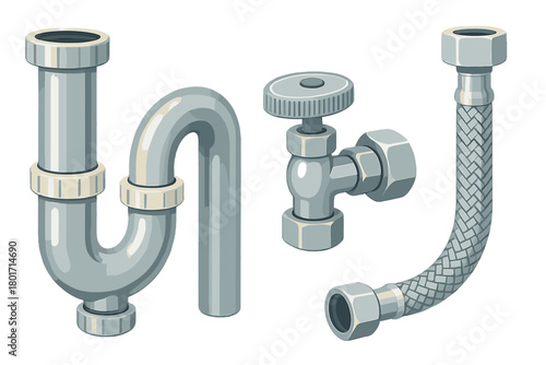 Essential plumbing components set including P-trap, shut-off valve, and braided water hose
